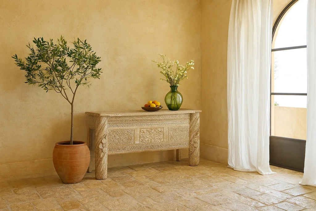 Chandigarh Whitewashed Hand-Carved Console Table - DOBRI ARTS AU