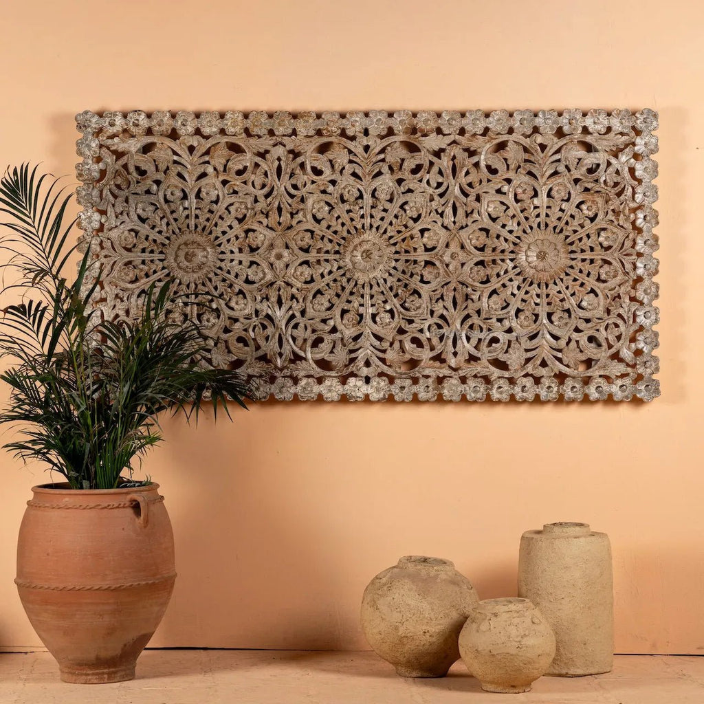 Chandrika Whitewashed Floral Carved Wall Panel - DOBRI ARTS AU