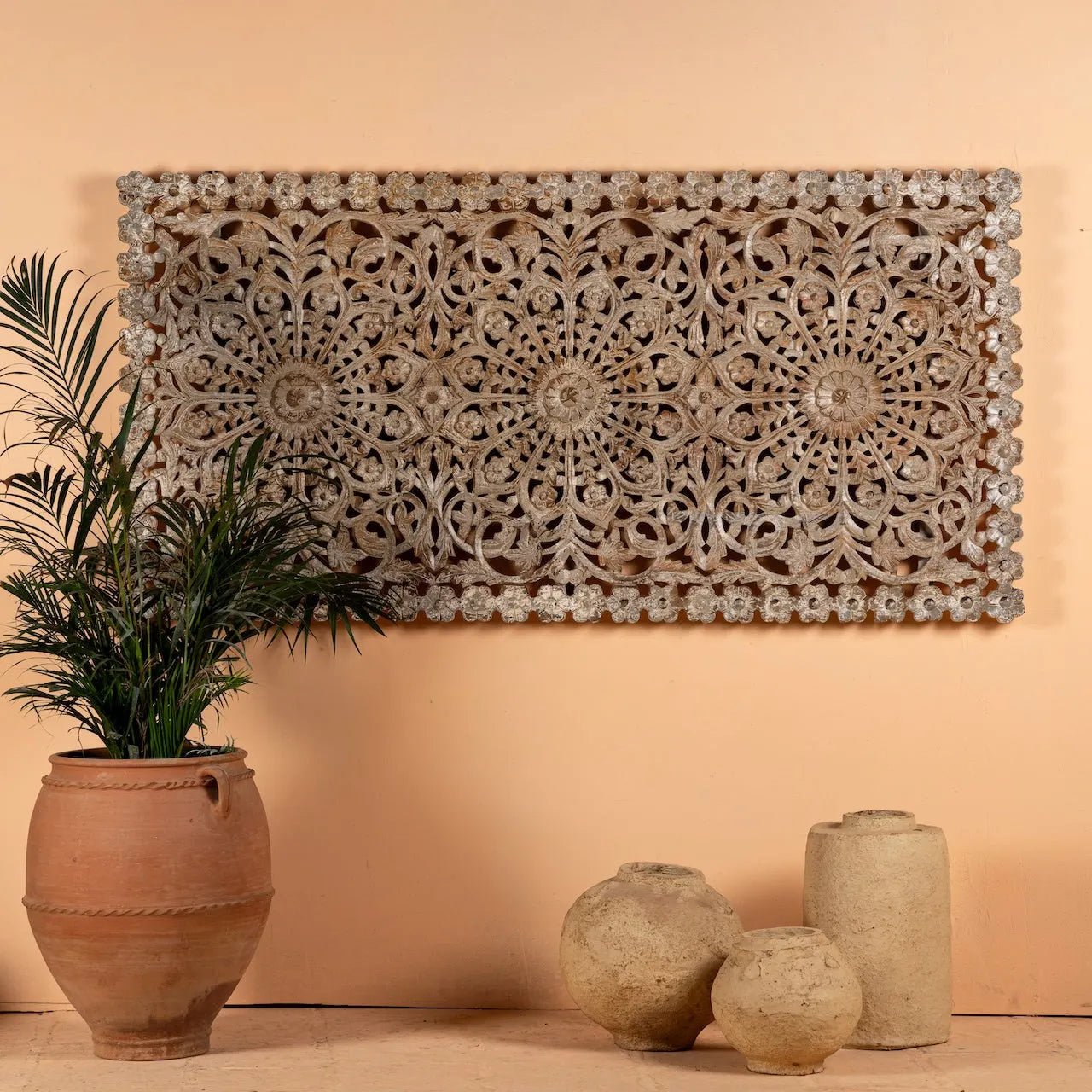 Chandrika Whitewashed Floral Carved Wall Panel - DOBRI ARTS AU