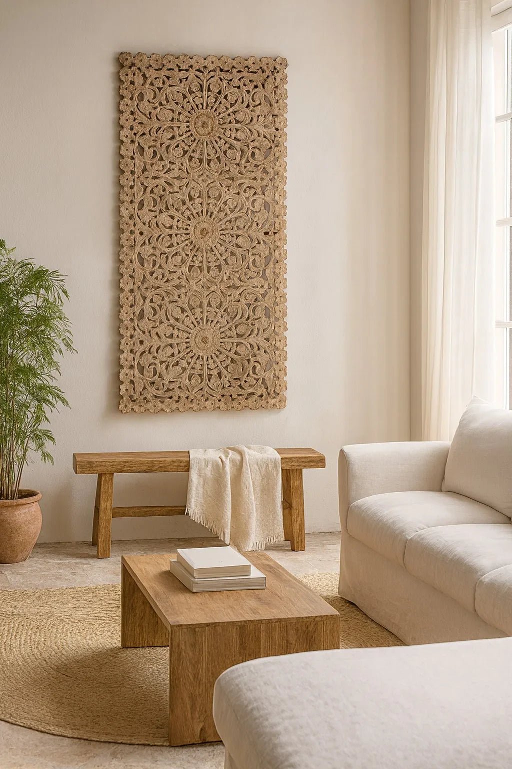 Chandrika Whitewashed Floral Carved Wall Panel - DOBRI ARTS AU