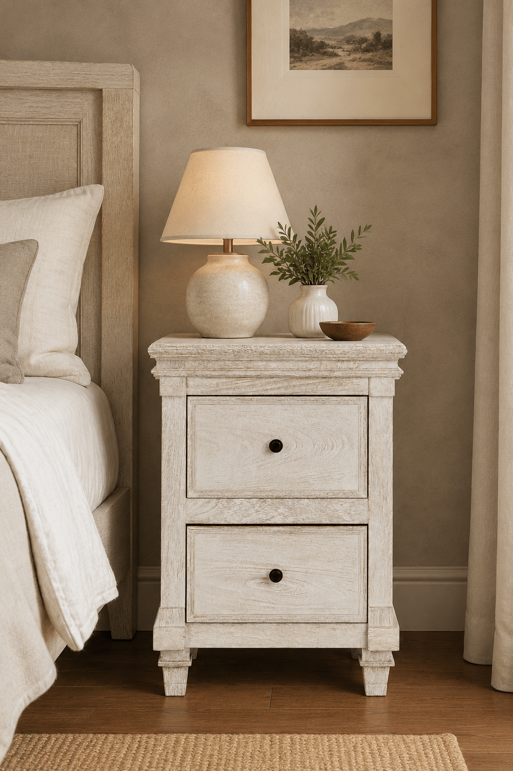 Classic Whitewashed Two Drawer Bedside Table - DOBRI ARTS AU