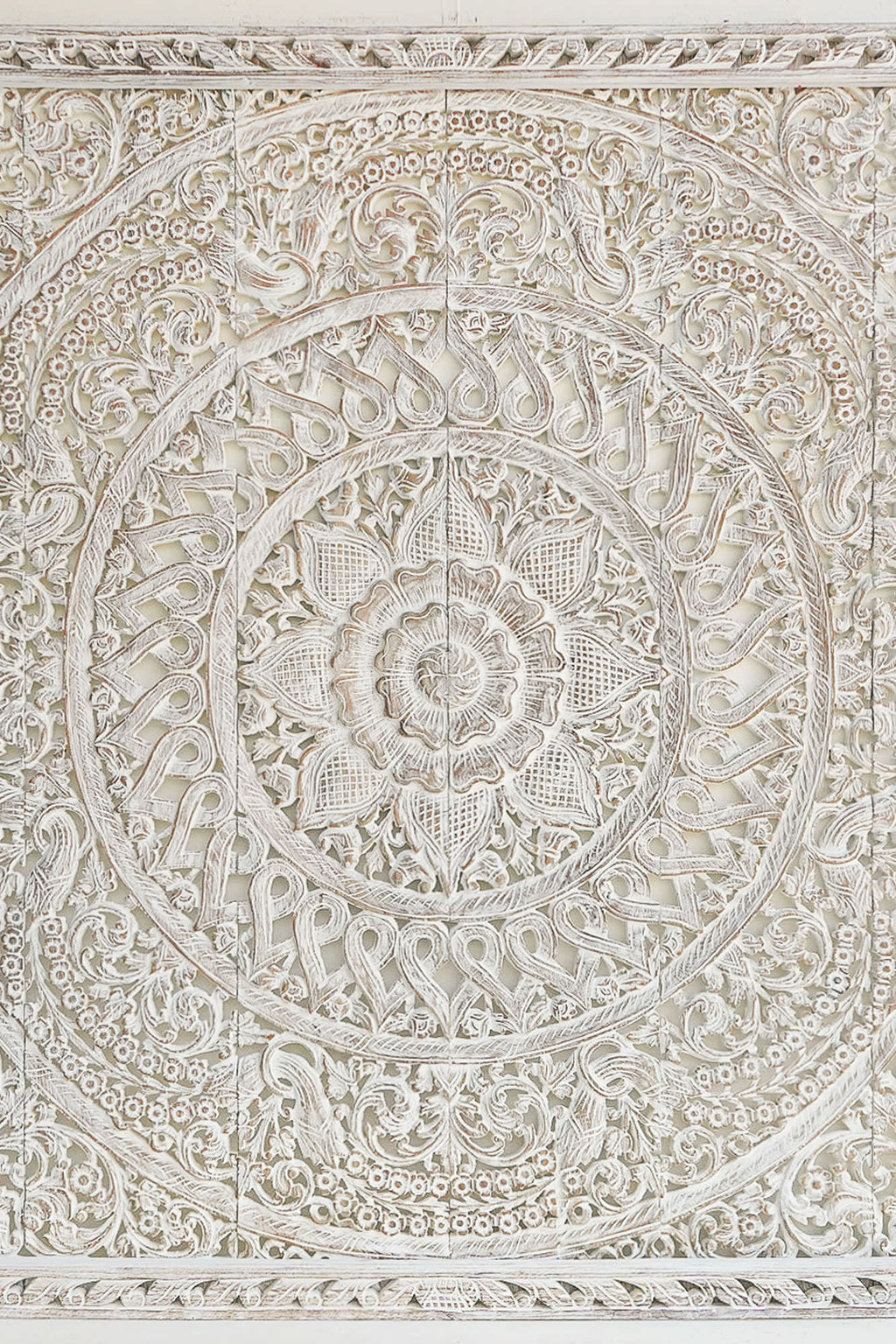 Coastal White Hand Carved Mango Wood Headboard – Ornate Floral Mandala Wall Panel - DOBRI ARTS AU