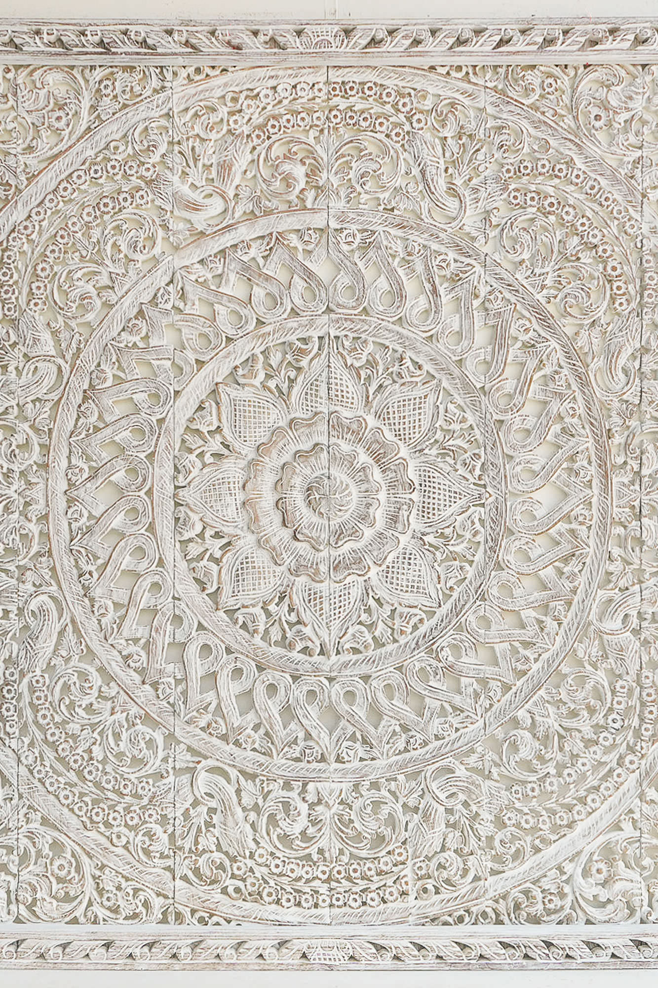 Coastal White Hand Carved Mango Wood Headboard – Ornate Floral Mandala Wall Panel - DOBRI ARTS AU