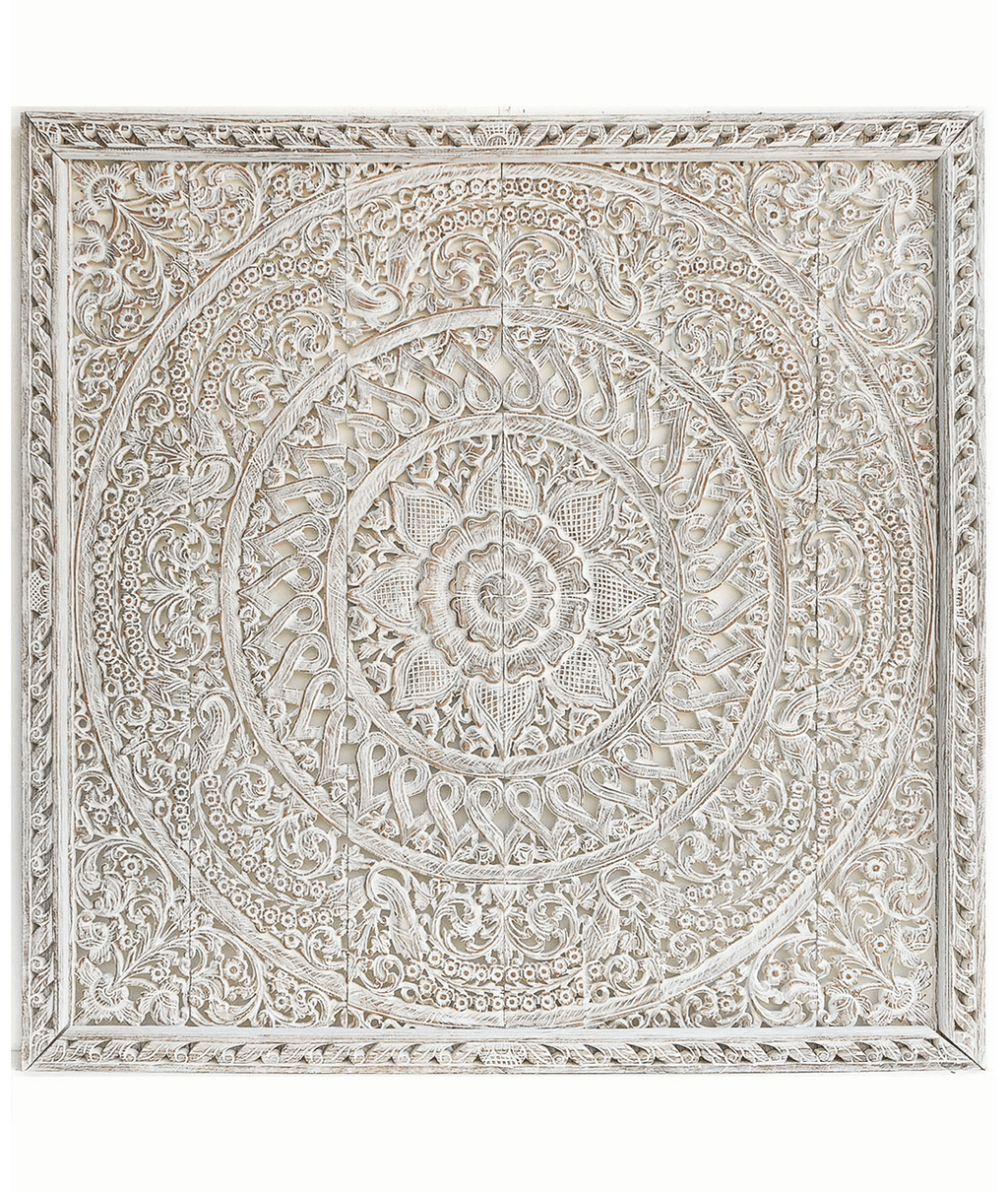Coastal White Hand Carved Mango Wood Headboard – Ornate Floral Mandala Wall Panel - DOBRI ARTS AU