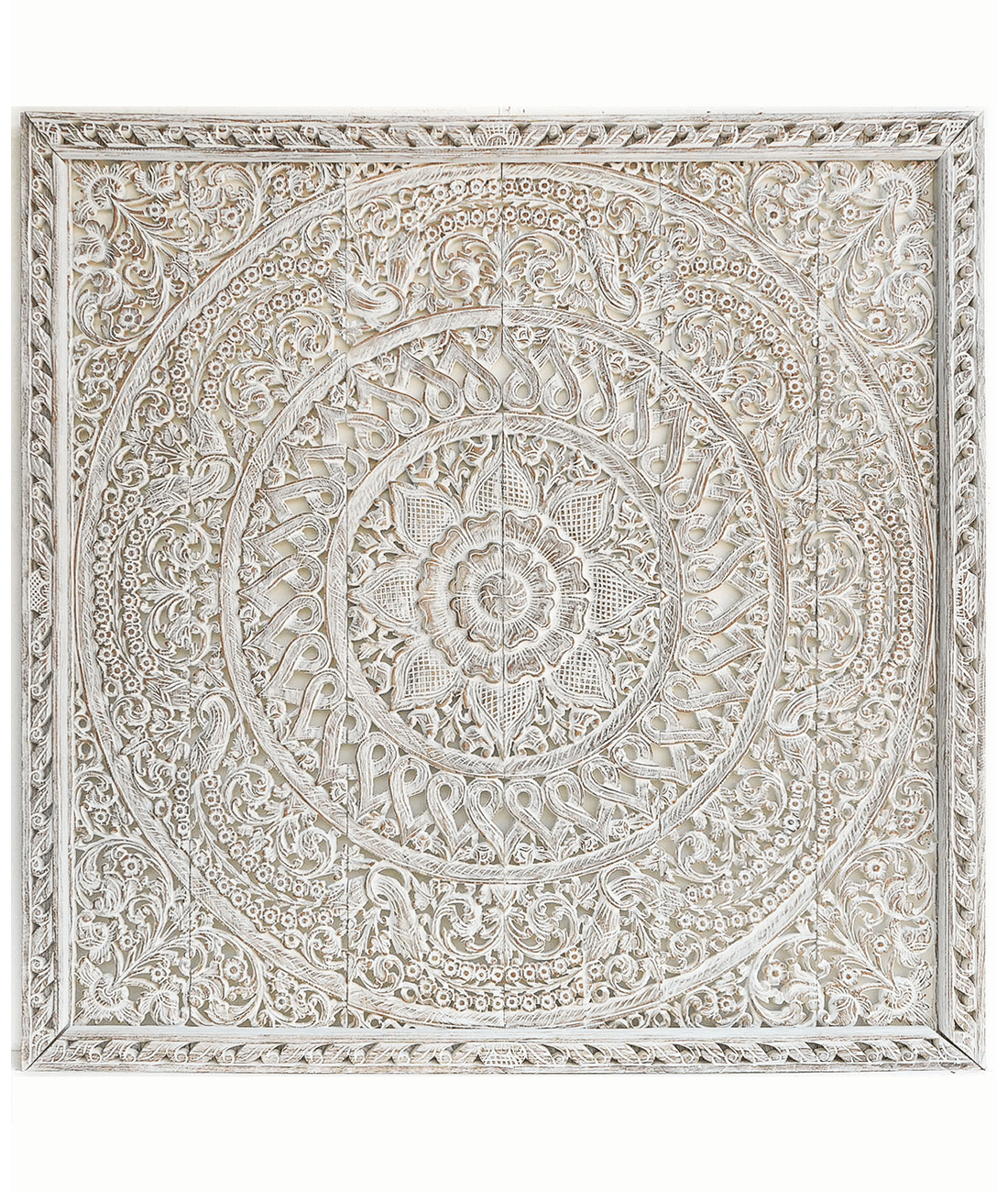 Coastal White Hand Carved Mango Wood Headboard – Ornate Floral Mandala Wall Panel - DOBRI ARTS AU