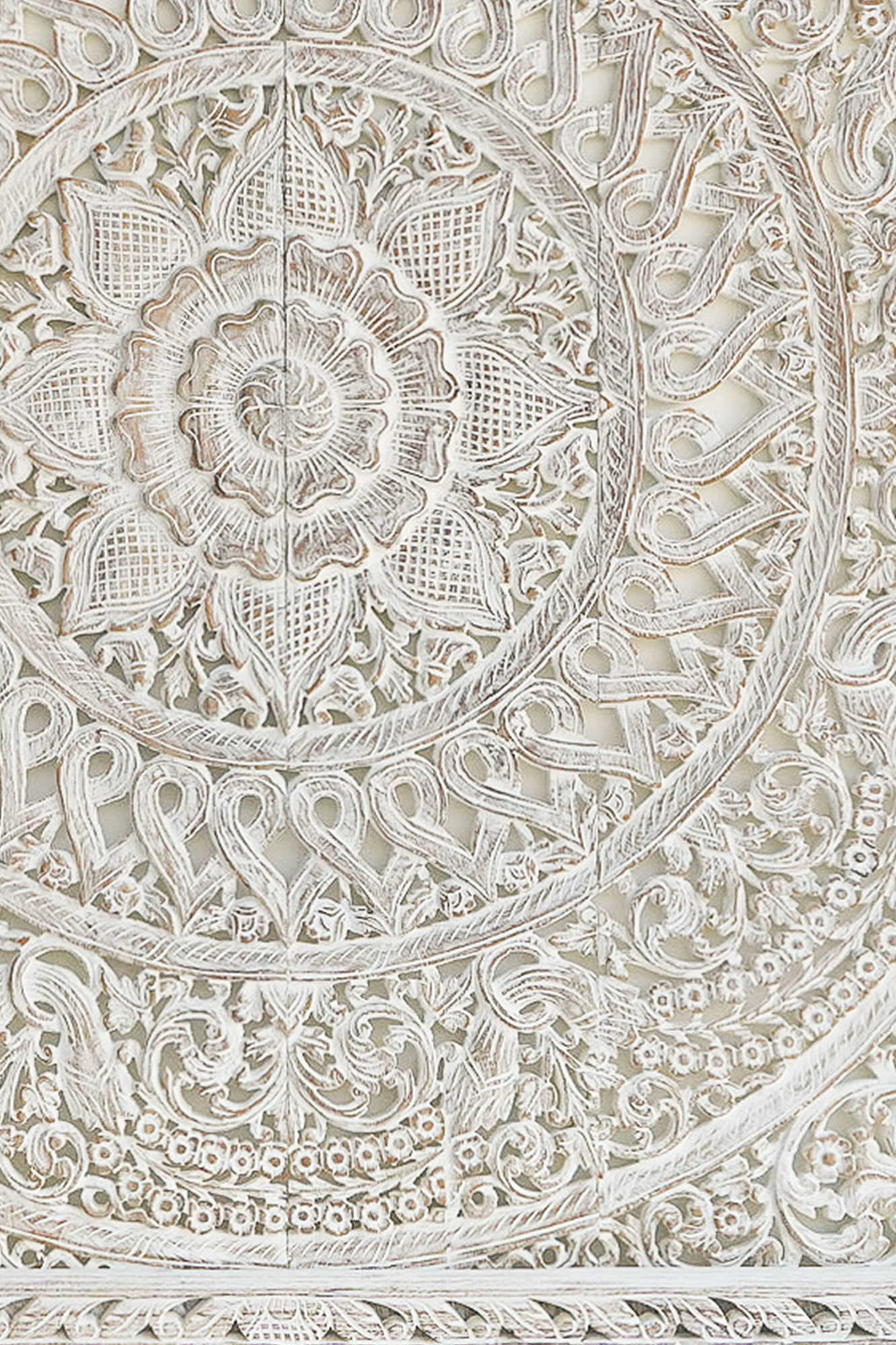 Coastal White Hand Carved Mango Wood Headboard – Ornate Floral Mandala Wall Panel - DOBRI ARTS AU
