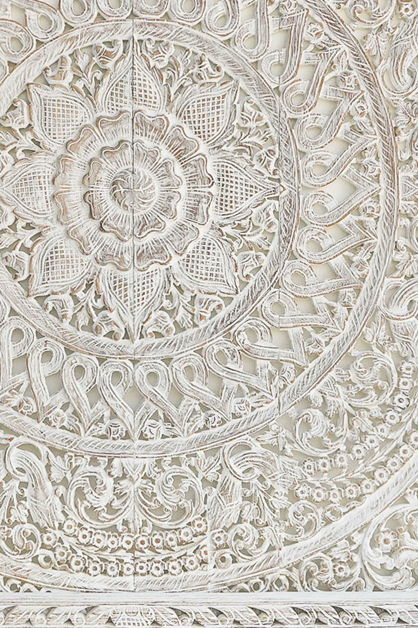 Coastal White Hand Carved Mango Wood Headboard – Ornate Floral Mandala Wall Panel - DOBRI ARTS AU