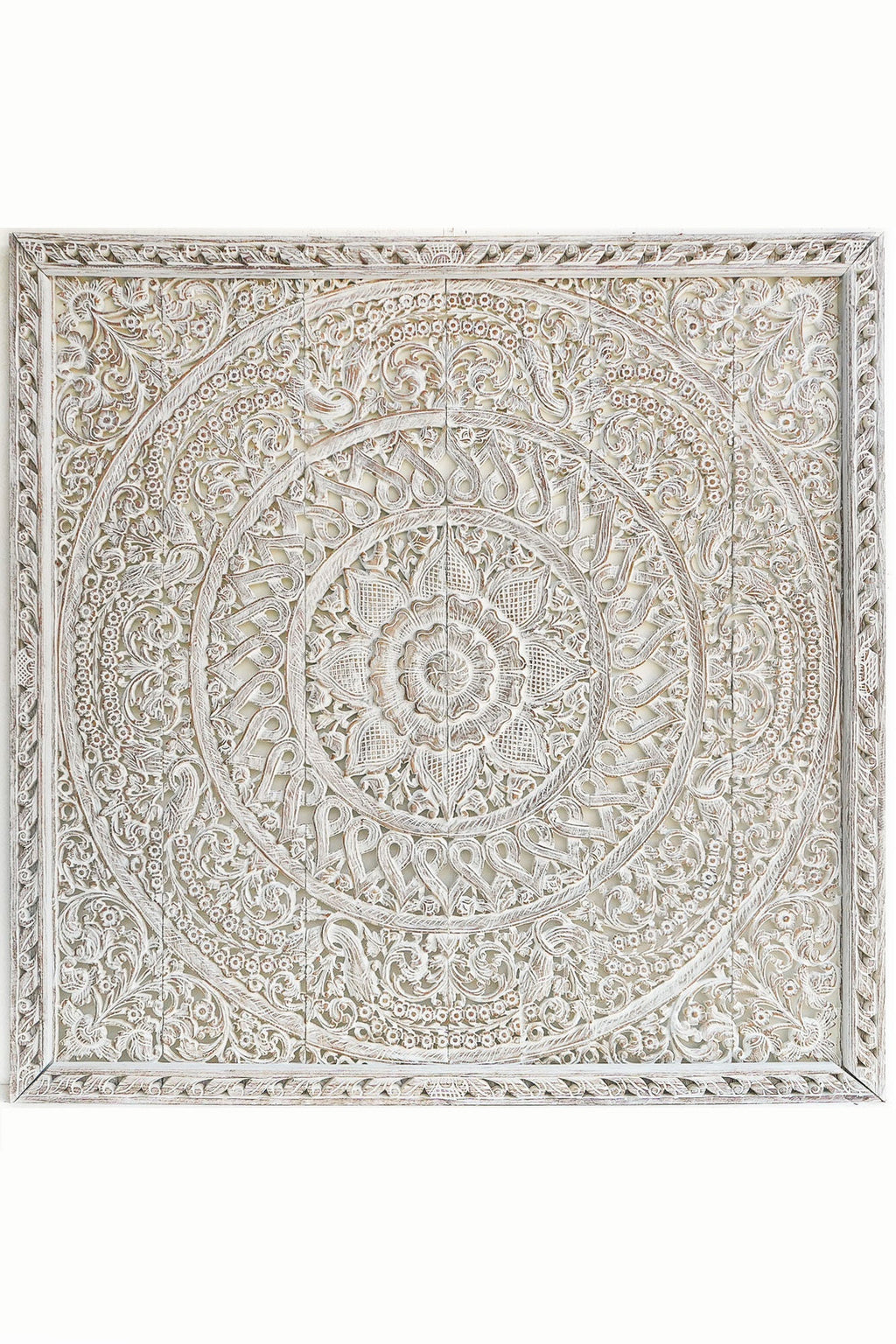 Coastal White Hand Carved Mango Wood Headboard – Ornate Floral Mandala Wall Panel - DOBRI ARTS AU