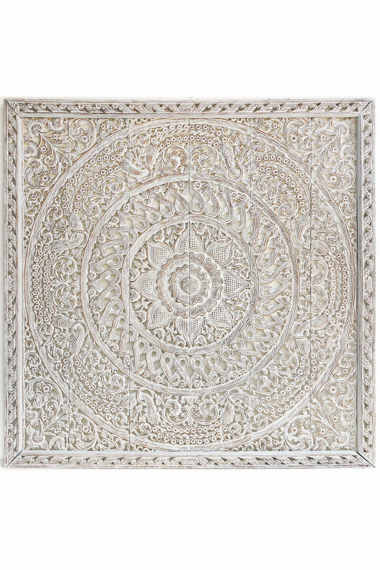 Coastal White Hand Carved Mango Wood Headboard – Ornate Floral Mandala Wall Panel - DOBRI ARTS AU