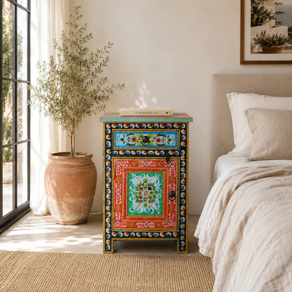 Colorful Hand-Painted Bohemian Bedside Cabinet - DOBRI ARTS AU