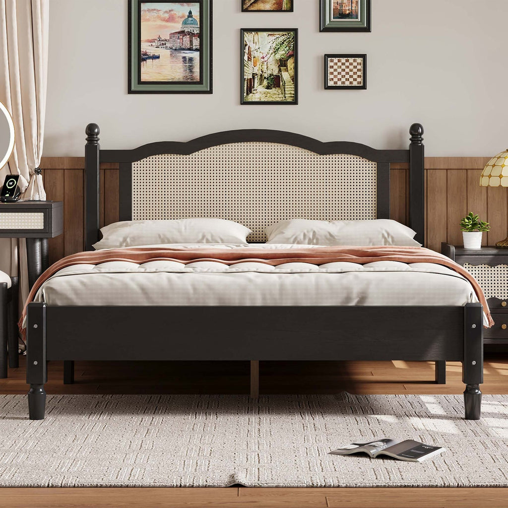 Cooper Rattan Panel Bed – Solid Wood & Natural Rattan Headboard Wooden Bed Frame - DOBRI ARTS AU