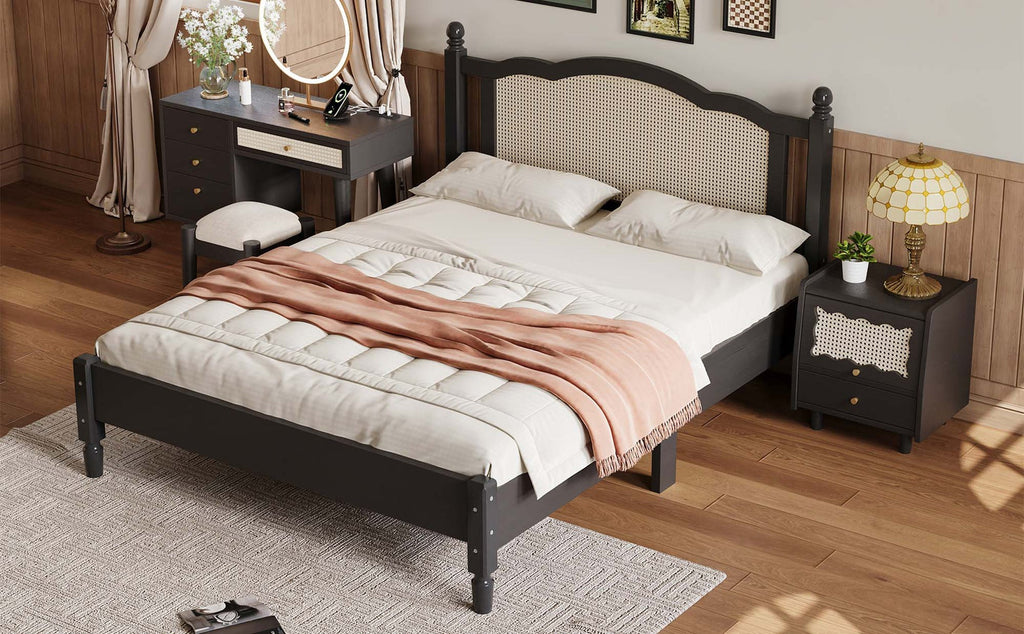 Cooper Rattan Panel Bed – Solid Wood & Natural Rattan Headboard Wooden Bed Frame - DOBRI ARTS AU