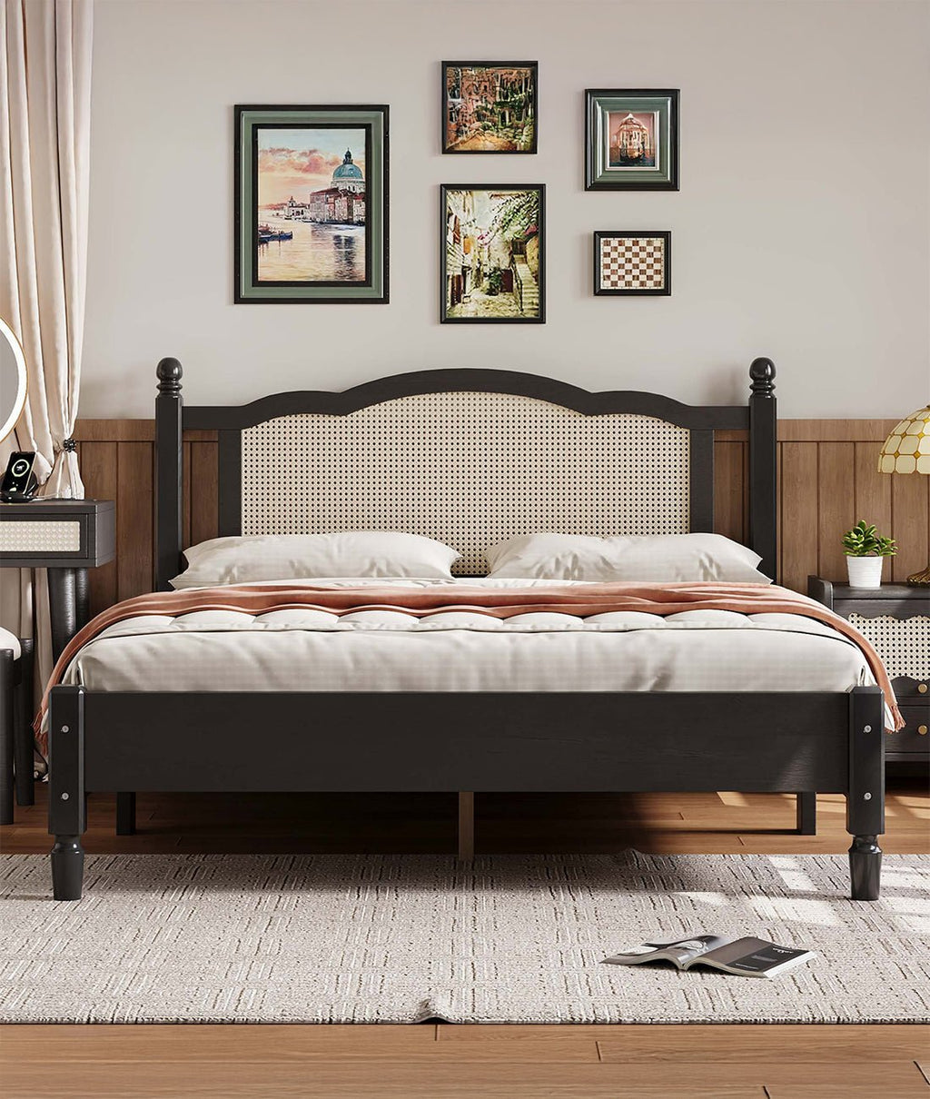 Cooper Rattan Panel Bed – Solid Wood & Natural Rattan Headboard Wooden Bed Frame - DOBRI ARTS AU