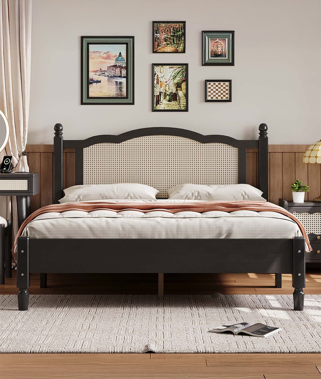 Cooper Rattan Panel Bed – Solid Wood & Natural Rattan Headboard Wooden Bed Frame - DOBRI ARTS AU
