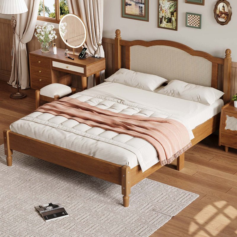 Cooper Rattan Panel Bed – Solid Wood & Natural Rattan Headboard Wooden Bed Frame - DOBRI ARTS AU