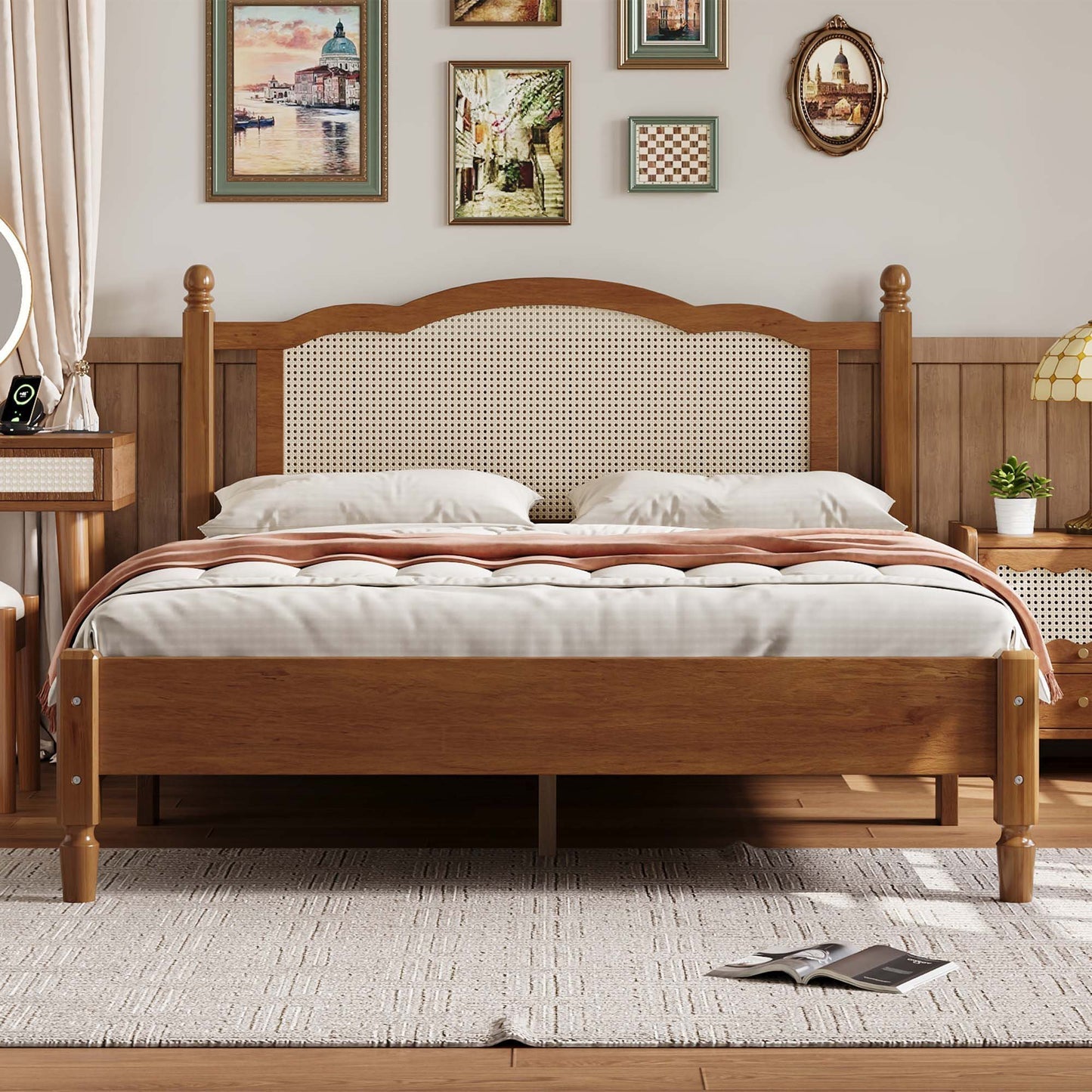 Cooper Rattan Panel Bed – Solid Wood & Natural Rattan Headboard Wooden Bed Frame - DOBRI ARTS AU