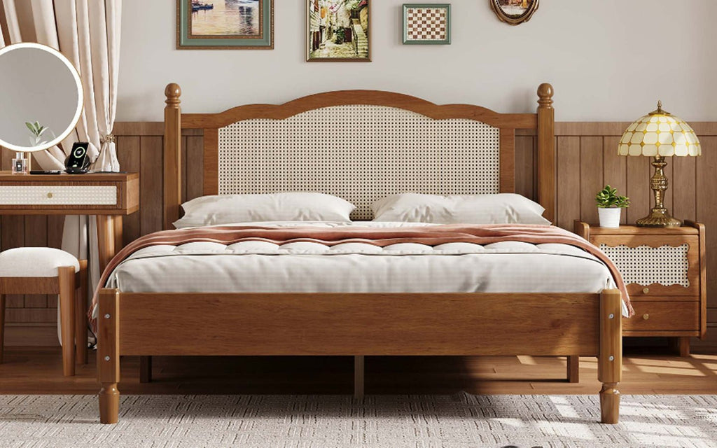 Cooper Rattan Panel Bed – Solid Wood & Natural Rattan Headboard Wooden Bed Frame - DOBRI ARTS AU