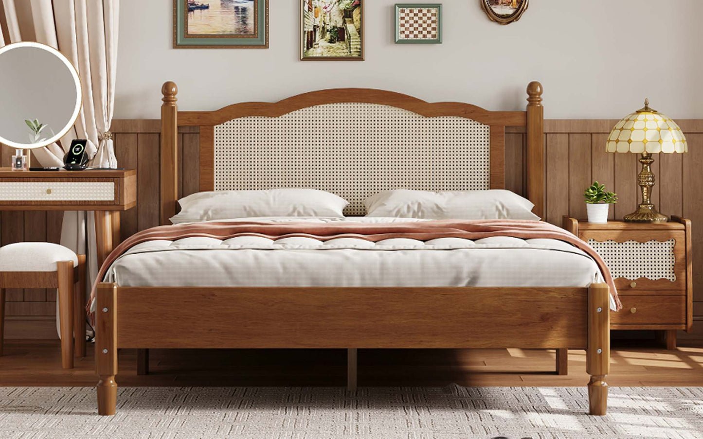 Cooper Rattan Panel Bed – Solid Wood & Natural Rattan Headboard Wooden Bed Frame - DOBRI ARTS AU