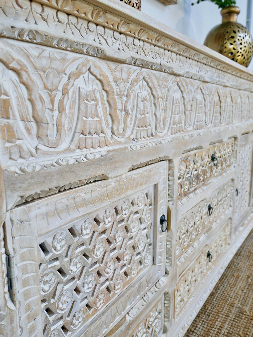 Ivory Jali Hand-Carved Wooden Sideboard with Drawer Storage