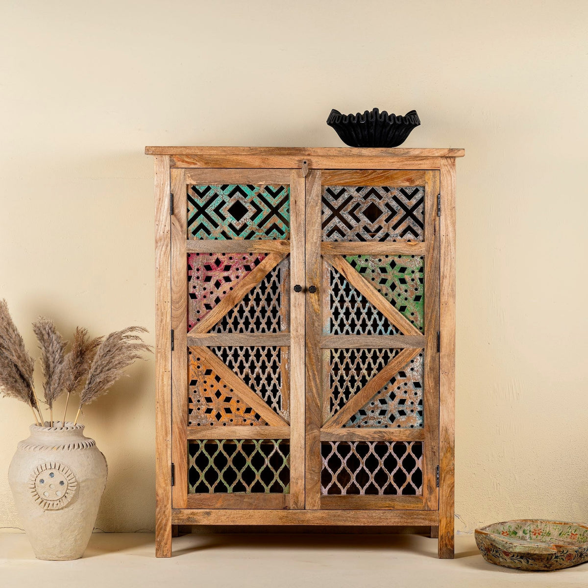 Daksh Hand-Carved Mango Wood Storage Cabinet - DOBRI ARTS AU