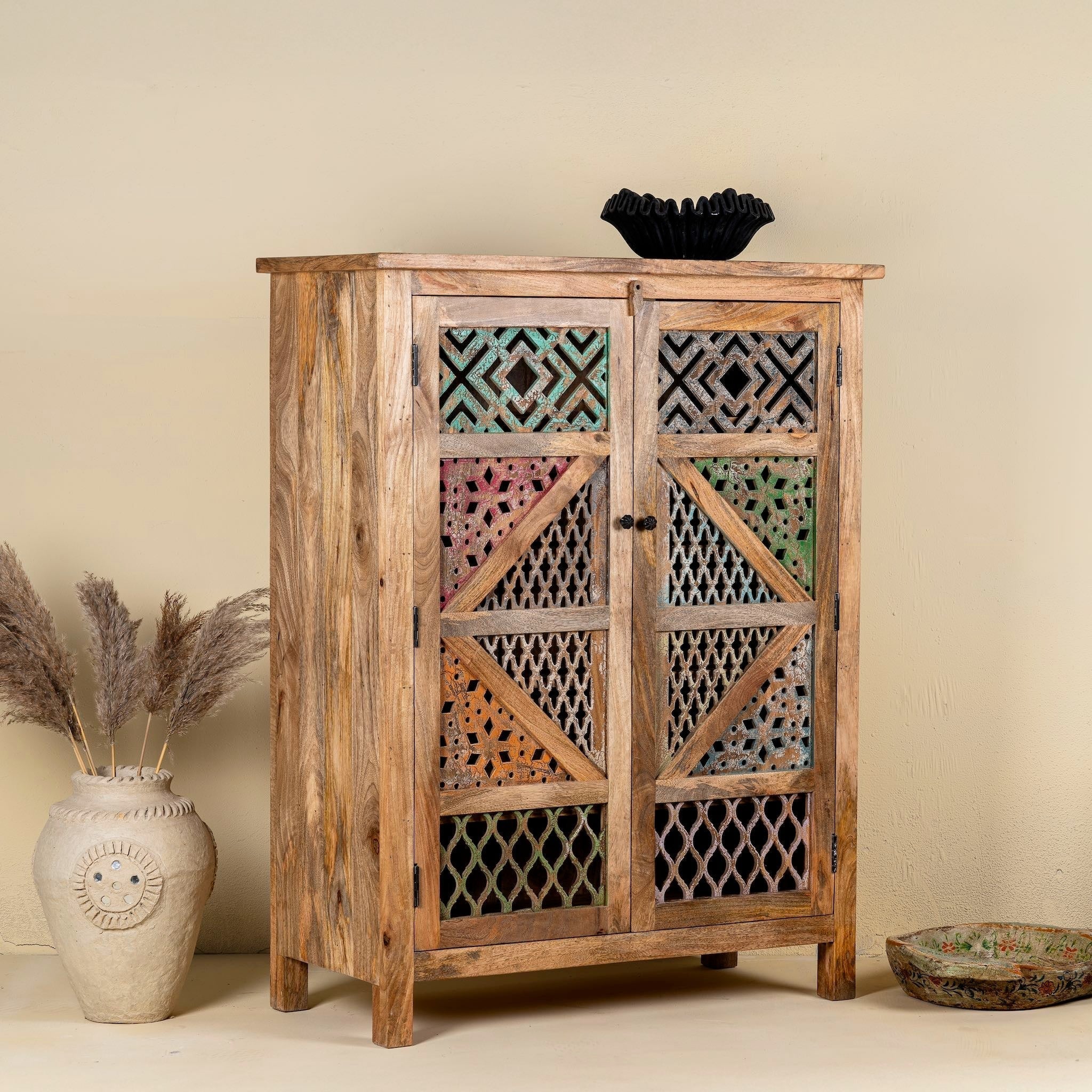 Daksh Hand-Carved Mango Wood Storage Cabinet - DOBRI ARTS AU