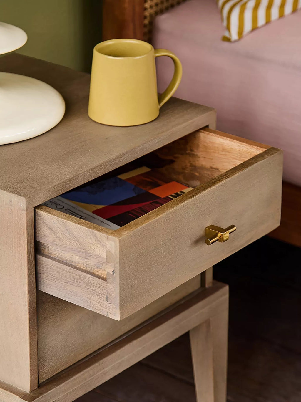 Devin Natural Mango Wood Bedside Table – Solid Wood Nightstand with 2 Drawers & Tapered Legs - DOBRI ARTS AU