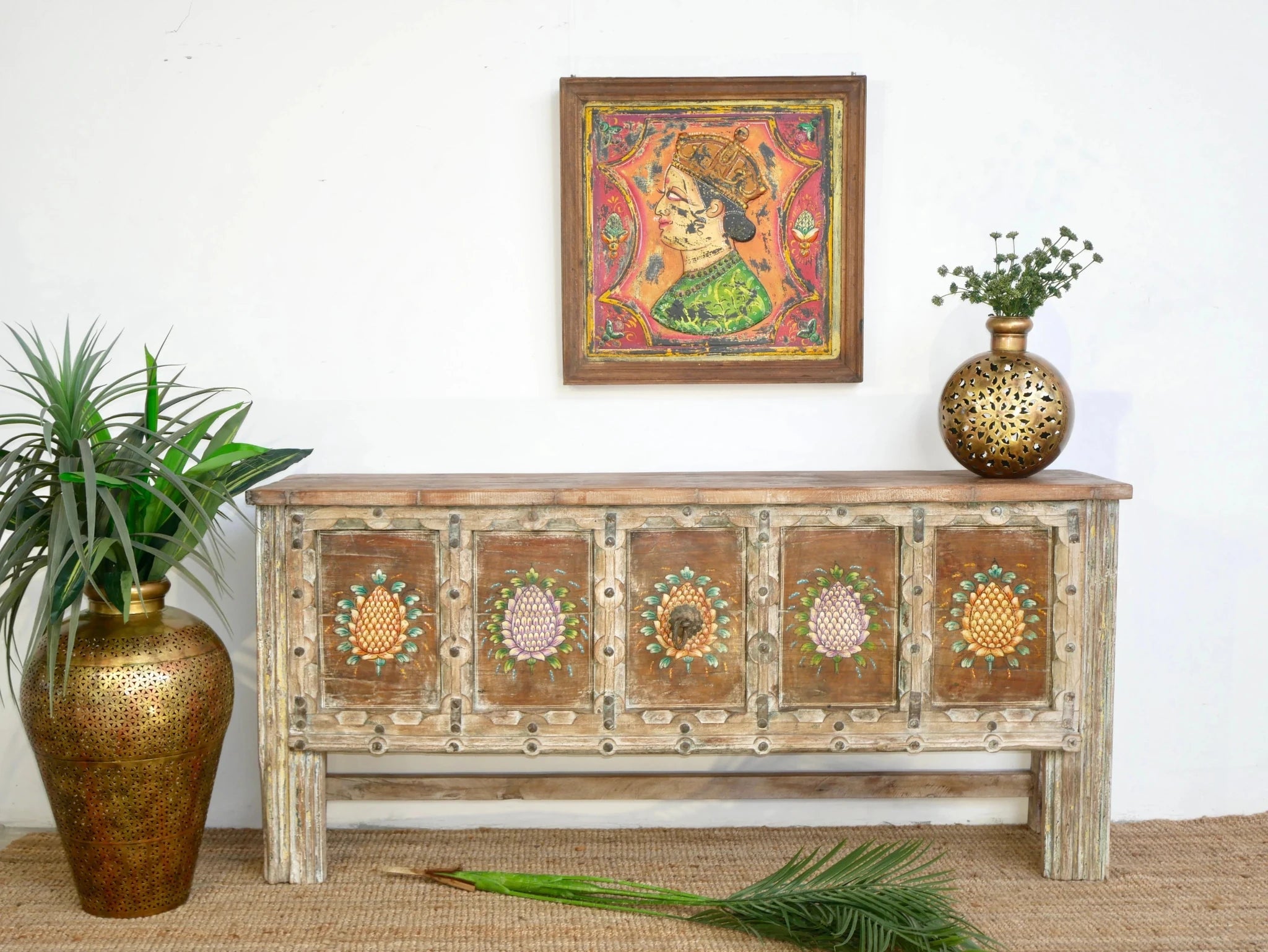 Dhanbad Reclaimed Teak Hand-Painted Floral Panel Console Table - DOBRI ARTS AU
