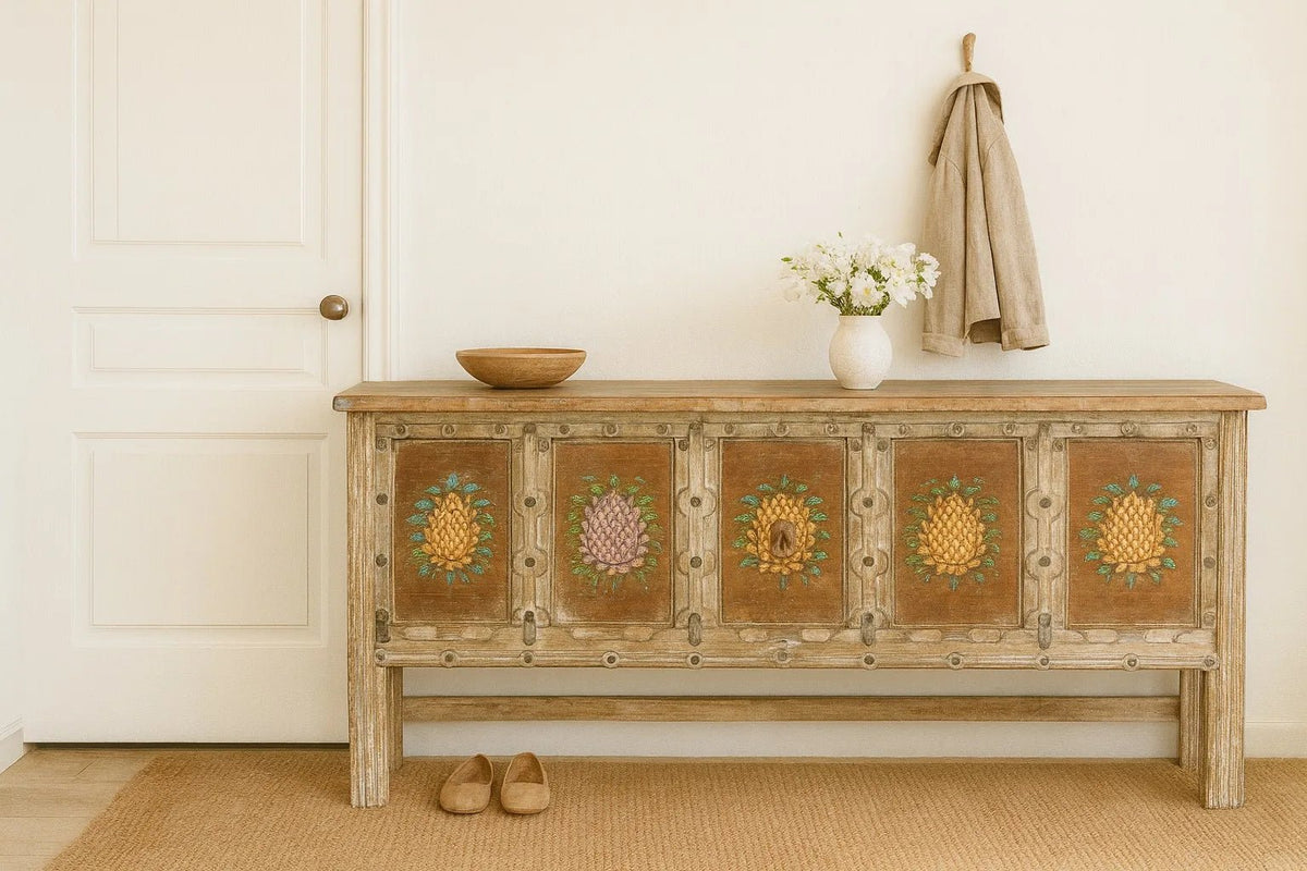 Dhanbad Reclaimed Teak Hand-Painted Floral Panel Console Table - DOBRI ARTS AU