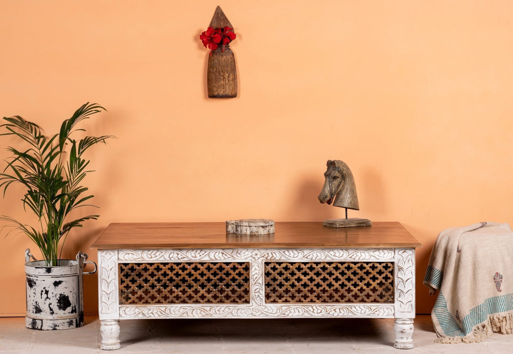 Dhasa Hand-Carved Coffee Table – Mango Wood - DOBRI ARTS AU