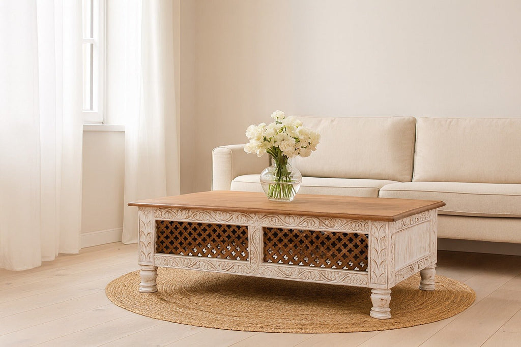 Dhasa Hand-Carved Coffee Table – Mango Wood - DOBRI ARTS AU