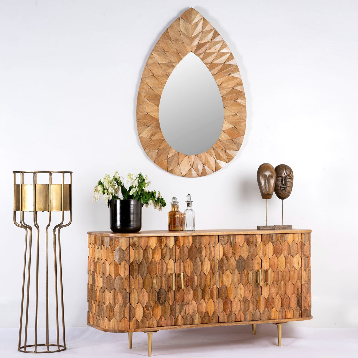Dheera Faceted Mango Wood Sideboard with Brass Legs - DOBRI ARTS AU