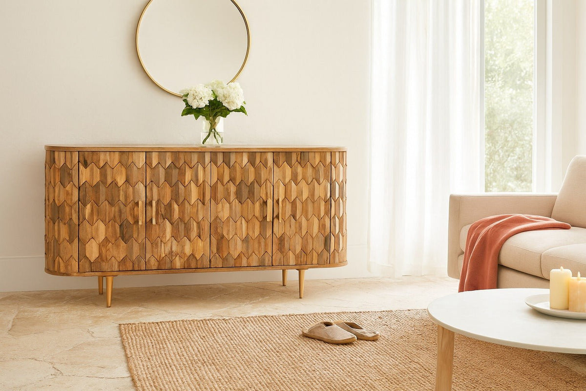 Dheera Faceted Mango Wood Sideboard with Brass Legs - DOBRI ARTS AU