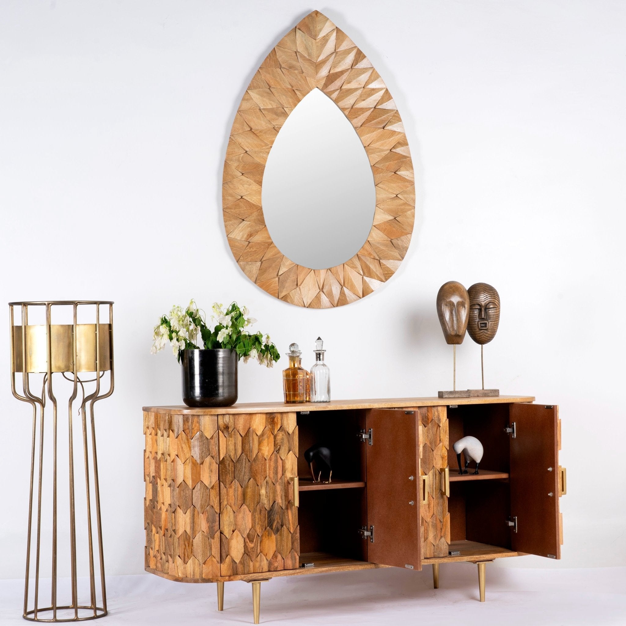 Dheera Faceted Mango Wood Sideboard with Brass Legs - DOBRI ARTS AU