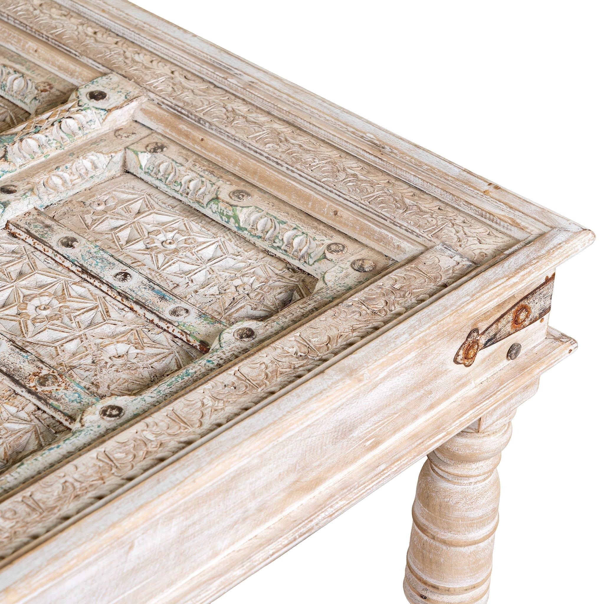 Dhyana Large Hand-Carved Whitewashed Coffee Table - DOBRI ARTS AU