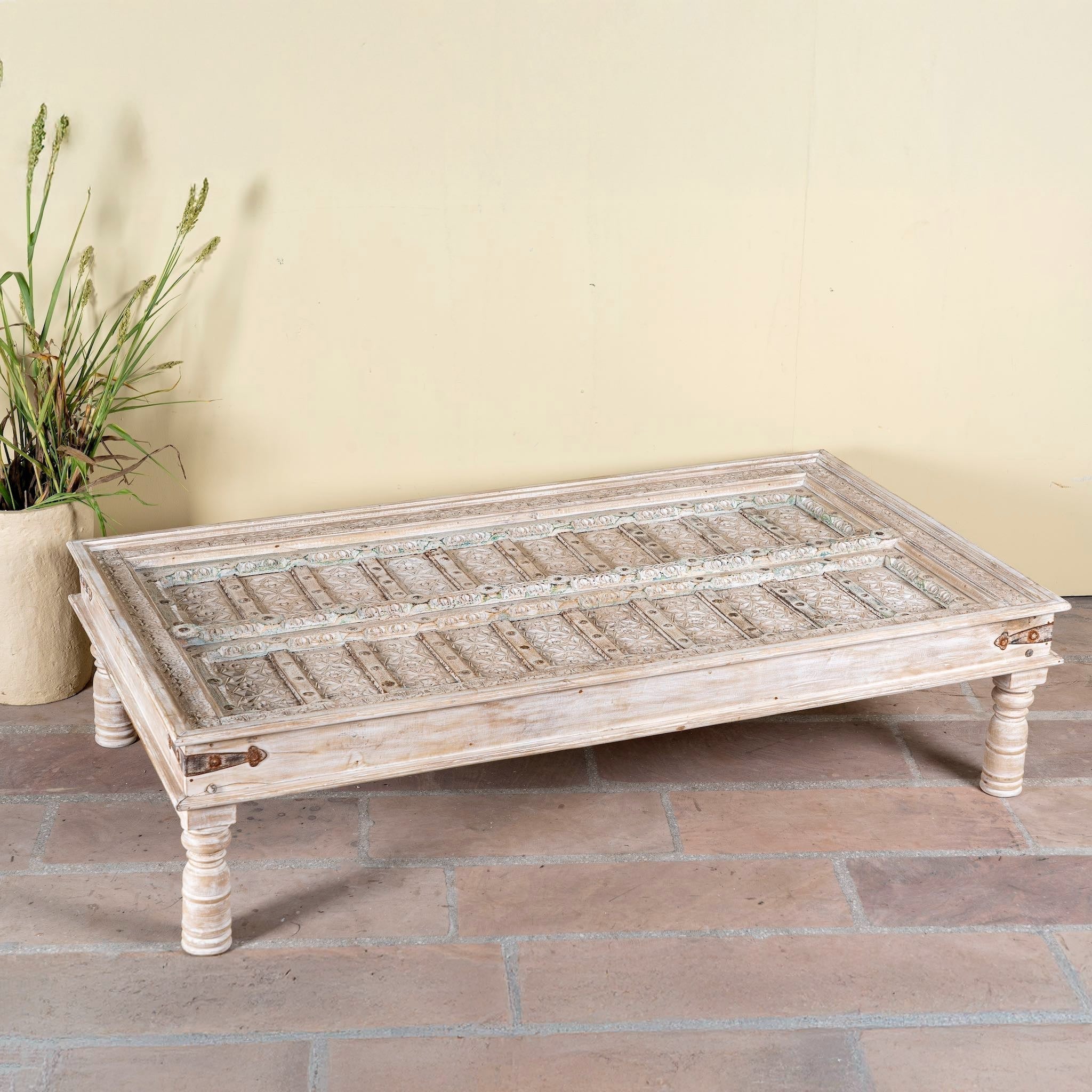 Dhyana Large Hand-Carved Whitewashed Coffee Table - DOBRI ARTS AU