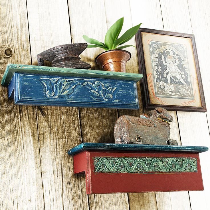 Distressed Blue Hand-Carved Wooden Wall Shelf with Floral Front Panel - DOBRI ARTS AU