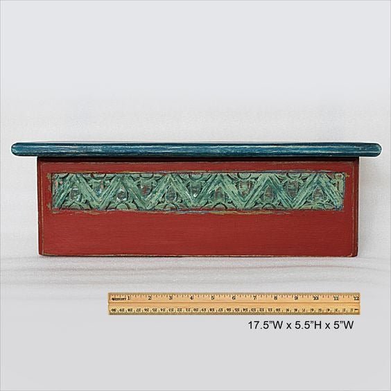 Distressed Blue Hand-Carved Wooden Wall Shelf with Floral Front Panel - DOBRI ARTS AU