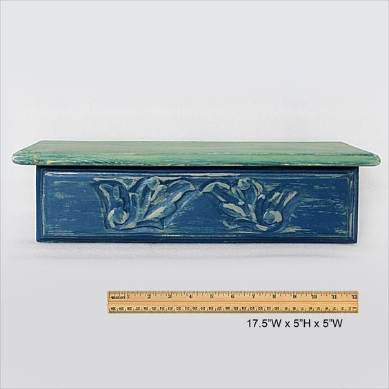 Distressed Blue Hand-Carved Wooden Wall Shelf with Floral Front Panel - DOBRI ARTS AU