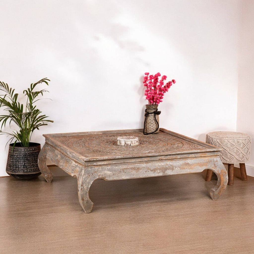 Distressed Carved Wooden Square Coffee Table - DOBRI ARTS AU