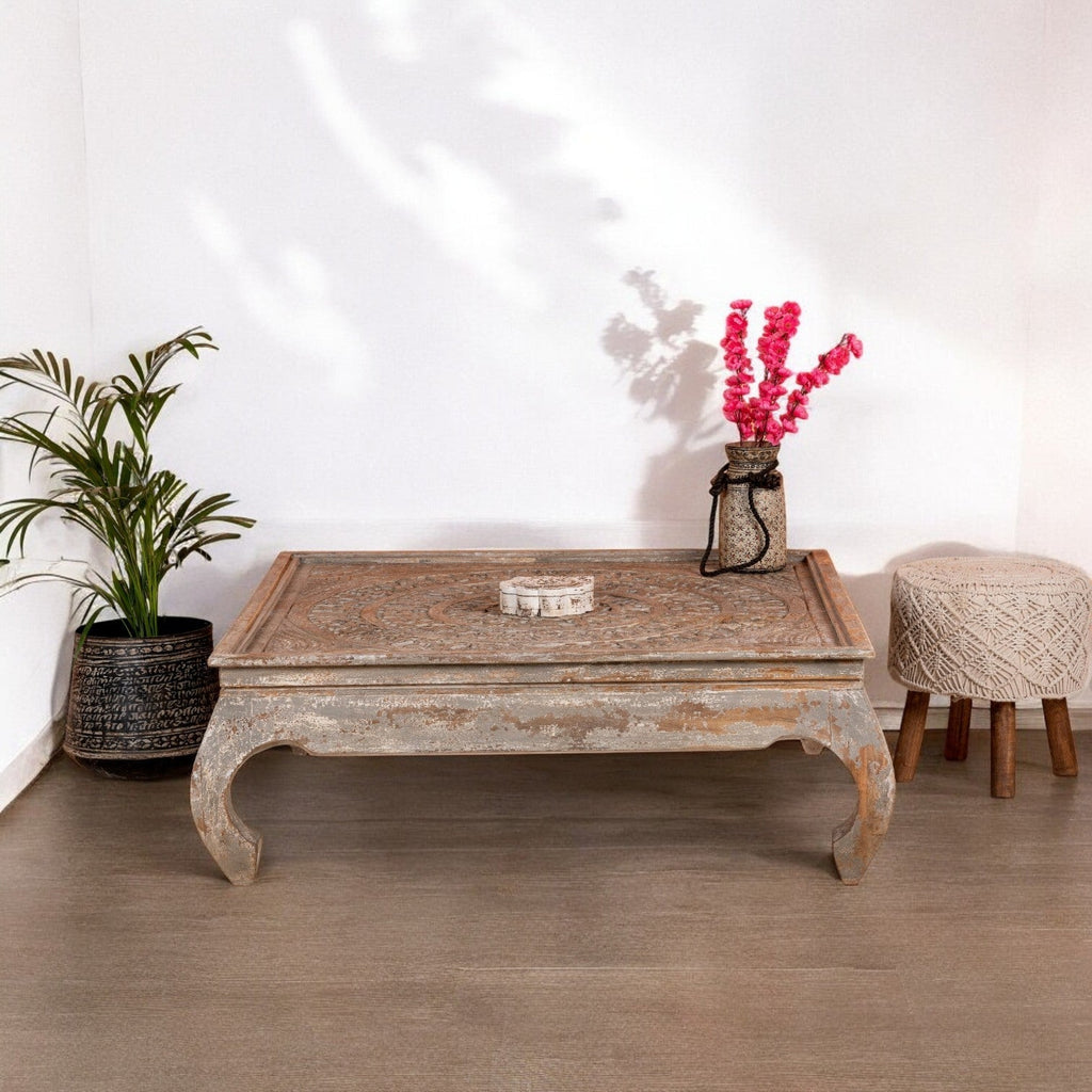 Distressed Carved Wooden Square Coffee Table - DOBRI ARTS AU