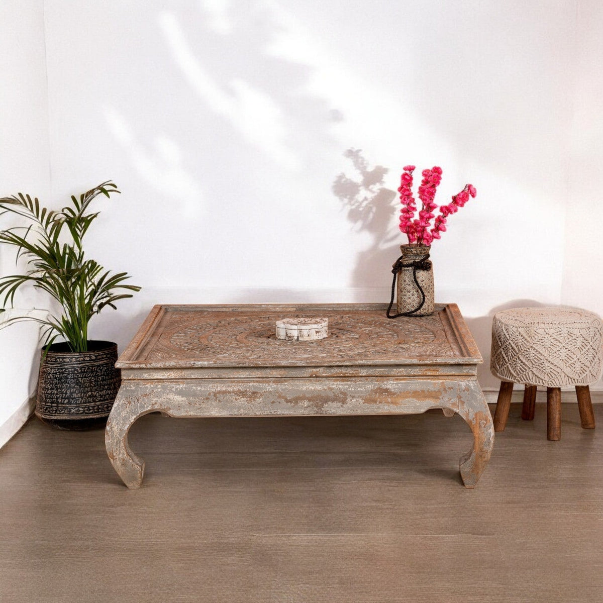 Distressed Carved Wooden Square Coffee Table - DOBRI ARTS AU