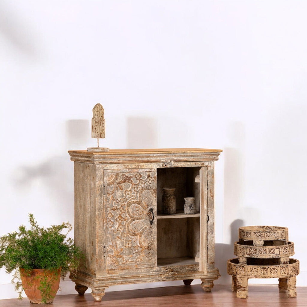 Distressed Floral Carved Wooden Storage Cabinet - DOBRI ARTS AU