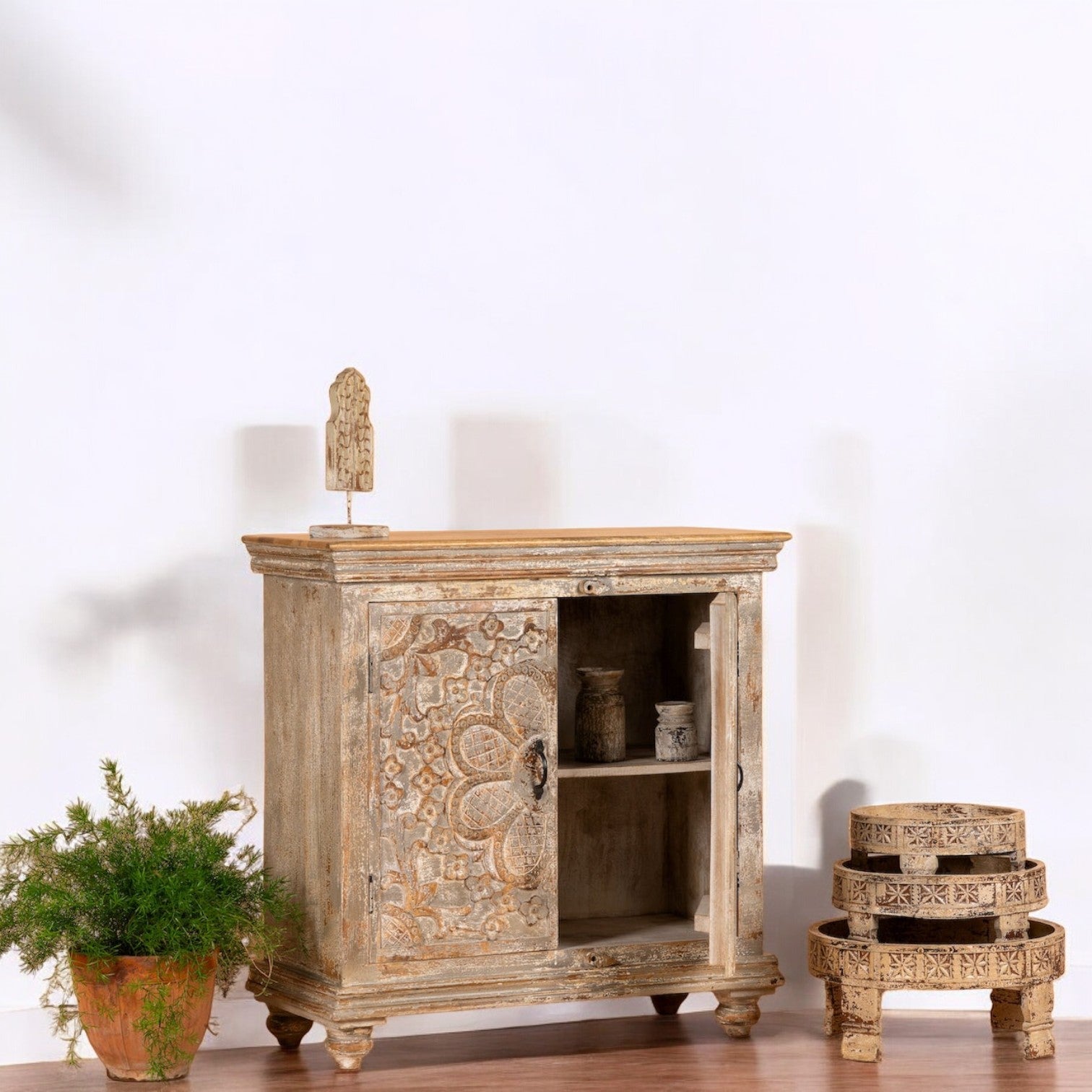 Distressed Floral Carved Wooden Storage Cabinet - DOBRI ARTS AU