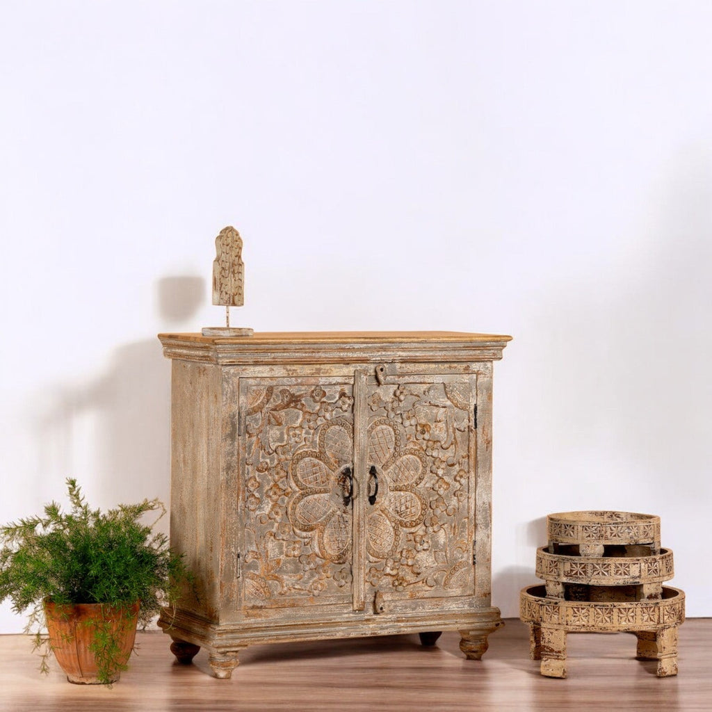 Distressed Floral Carved Wooden Storage Cabinet - DOBRI ARTS AU