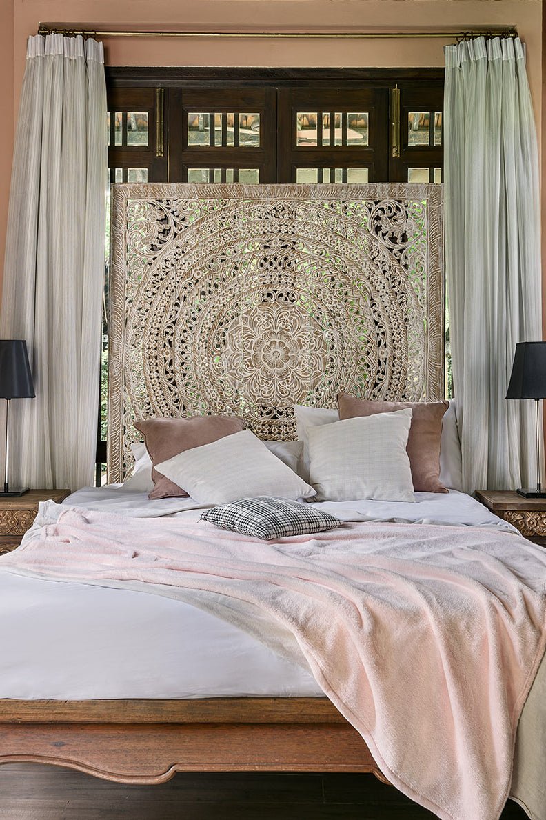 Distressed Hand Carved Mango Wood Mandala Headboard – Ornate Floral Medallion Boho Wall Panel - DOBRI ARTS AU