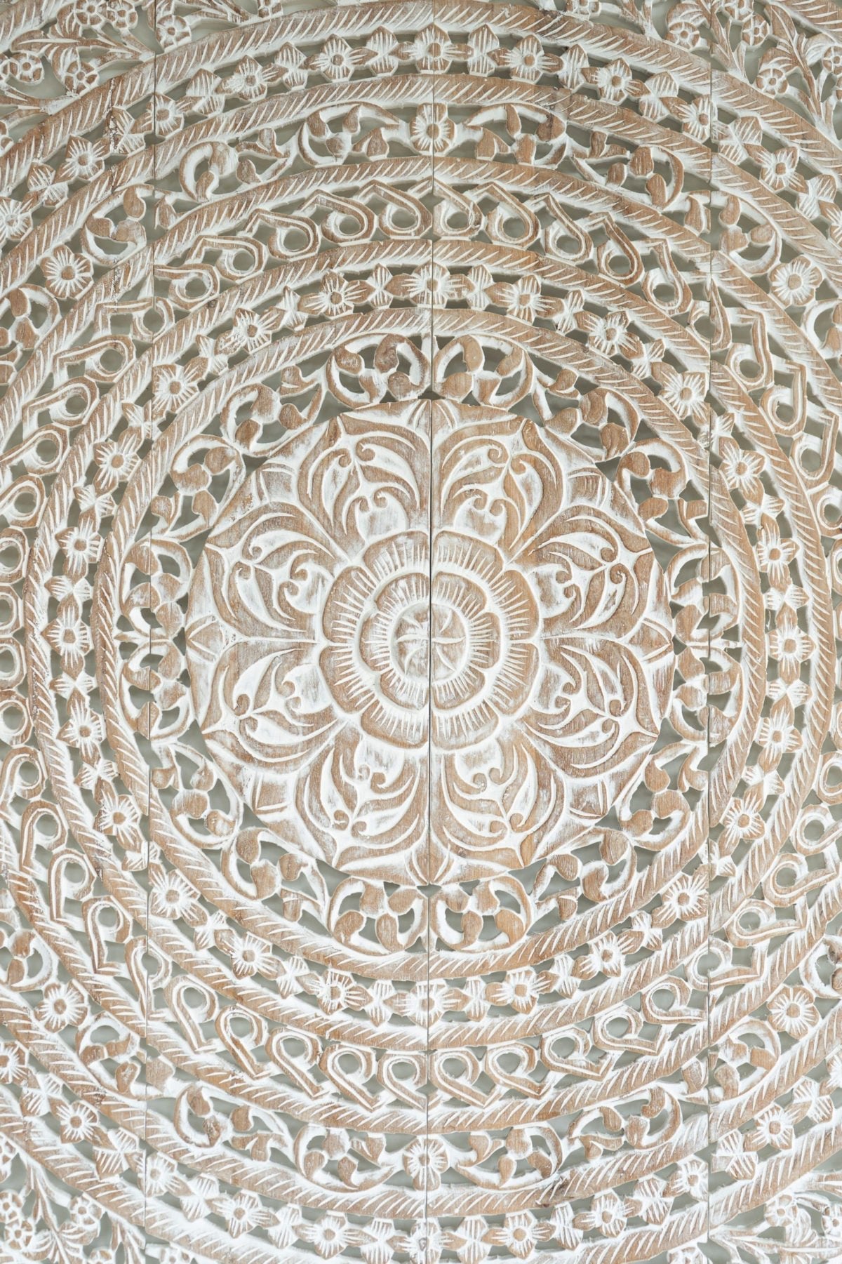Distressed Hand Carved Mango Wood Mandala Headboard – Ornate Floral Medallion Boho Wall Panel - DOBRI ARTS AU