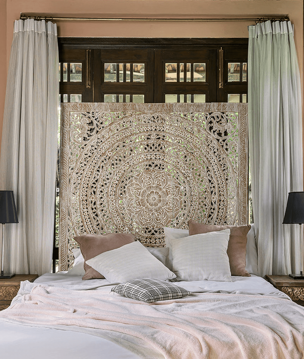 Distressed Hand Carved Mango Wood Mandala Headboard – Ornate Floral Medallion Boho Wall Panel - DOBRI ARTS AU