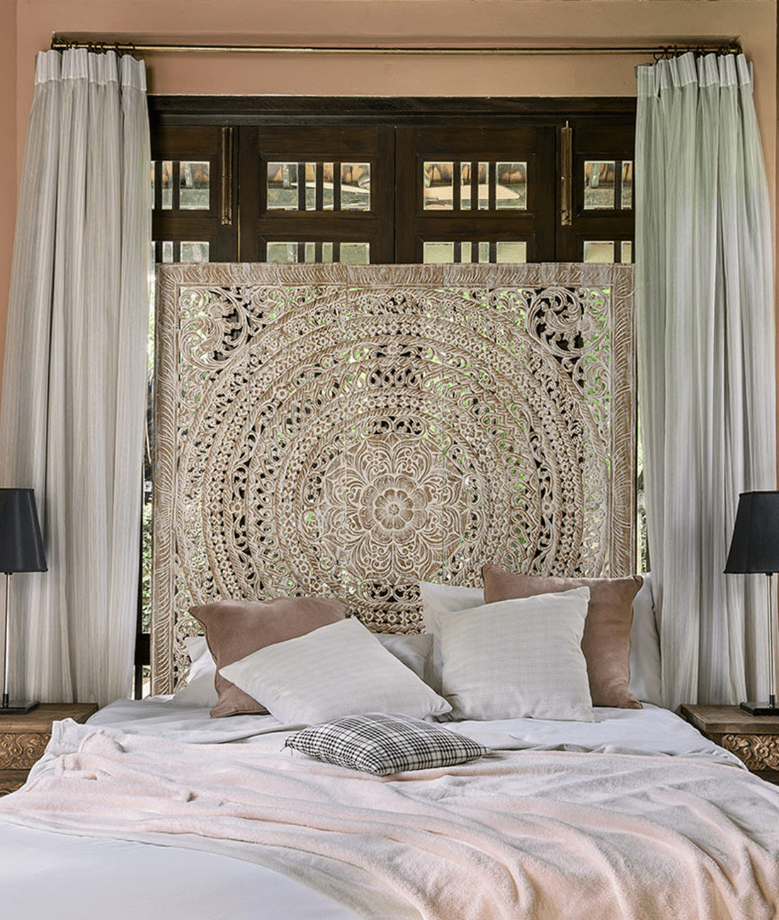 Distressed Hand Carved Mango Wood Mandala Headboard – Ornate Floral Medallion Boho Wall Panel - DOBRI ARTS AU
