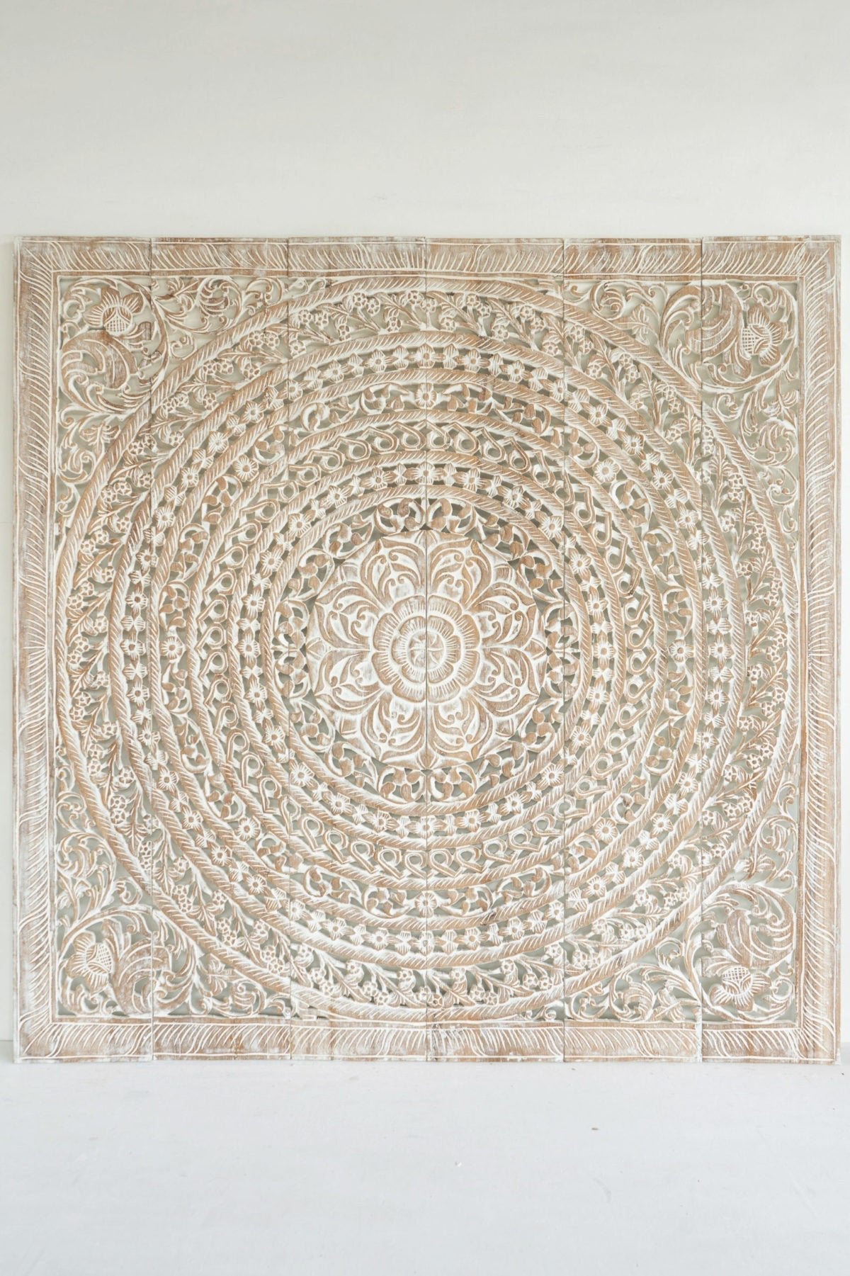Distressed Hand Carved Mango Wood Mandala Headboard – Ornate Floral Medallion Boho Wall Panel - DOBRI ARTS AU