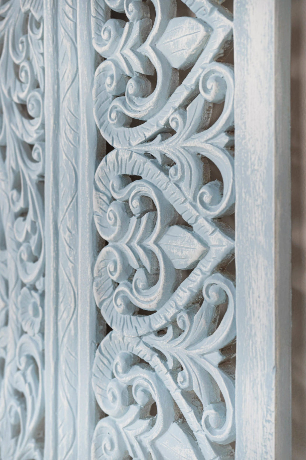 Distressed Light Blue Hand Carved Solid Wood Mandala Headboard – Ornate Floral Scrollwork Boho Wall Panel - DOBRI ARTS AU